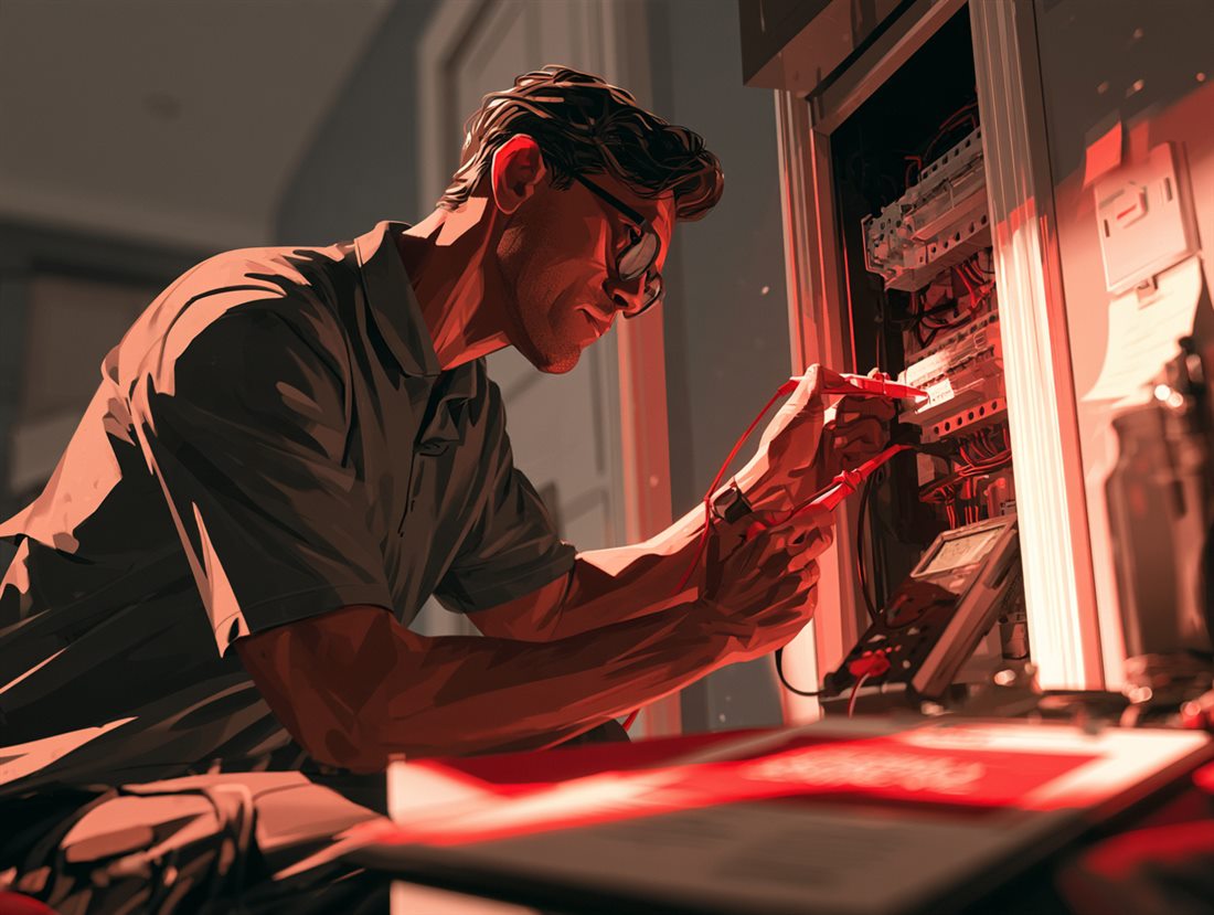 An electrician testing a fuse board in a rental flat